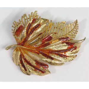 Vintage LISNER Brooch Pin - Big 2 1/2" Autumn Leaf - Enamel on Metal